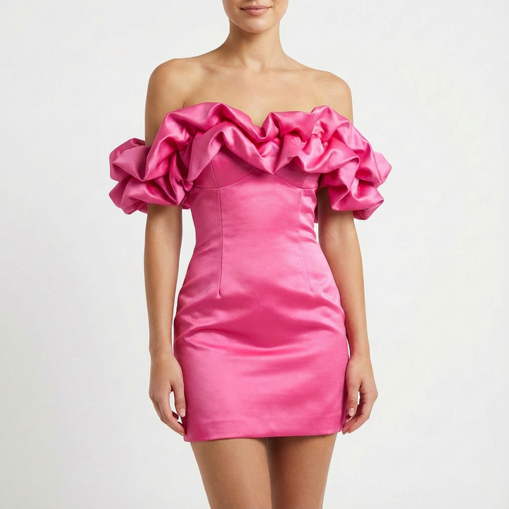 Sofia | Mujer Vestido Mini Con Hombros Descubiertos Y Mangas Volante | Glamuroso