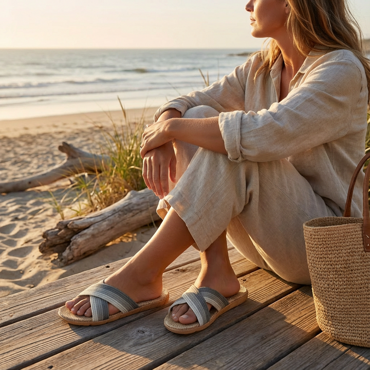 Sofia | Mujer Zapatillas Casa Con Tiras Cruzadas Y Plantilla Lino | Natural