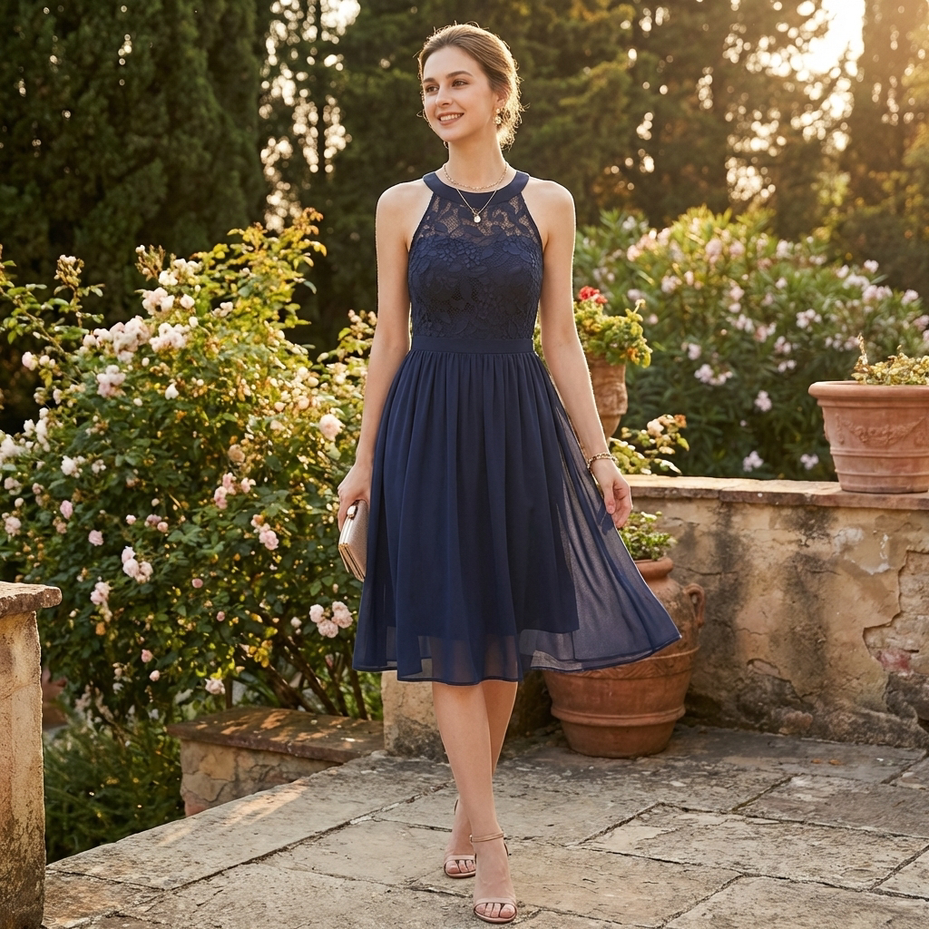 Sofia | Abito Midi Donna con Scollo a Fascia e Gonna Leggera | Elegante