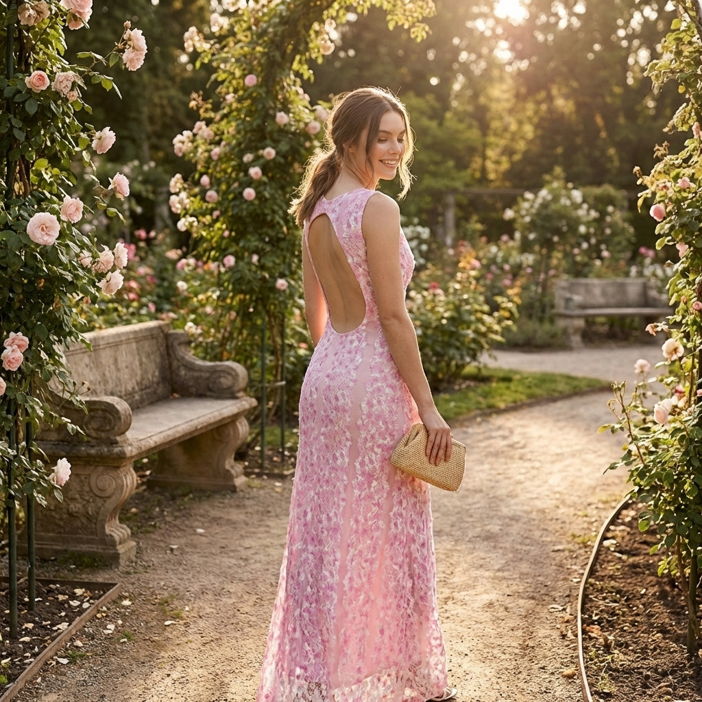 Sofia | Abito lungo rosa da donna con motivo floreale e scollo a V | Romantico