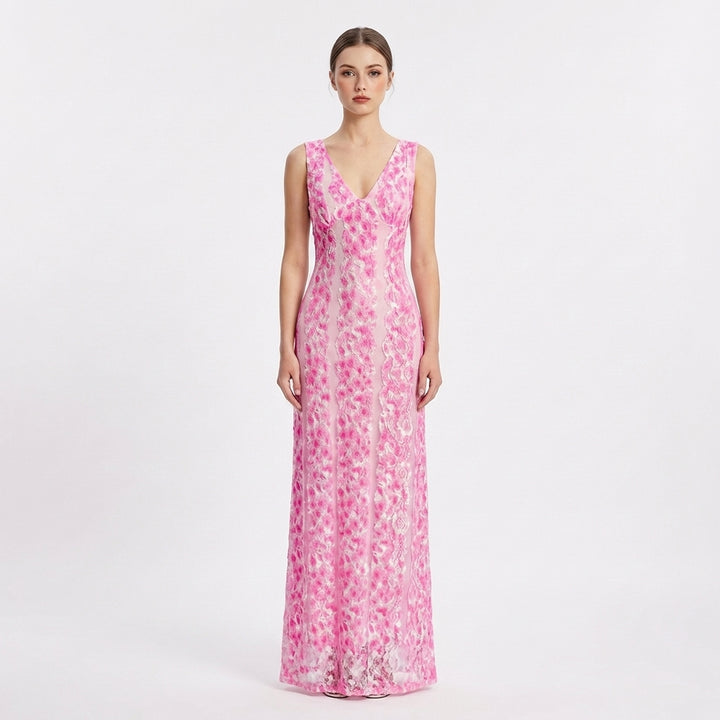 Sofia | Abito lungo rosa da donna con motivo floreale e scollo a V | Romantico