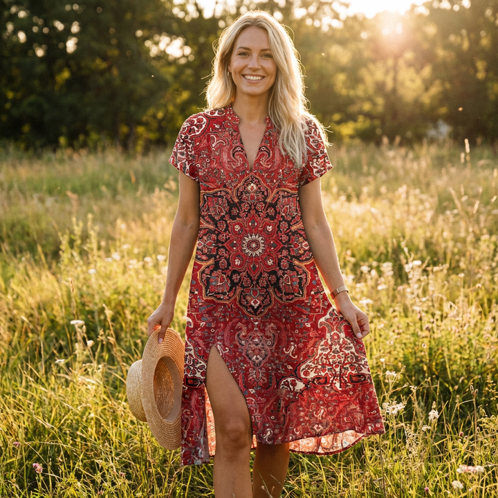 Soraya | Vestito Midi Stampato con Scollo a V Donna Boho