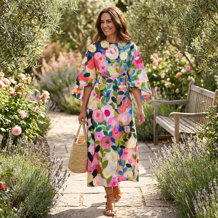 Valentina | Abito Midi Floreale con Manica a Mantella Donna