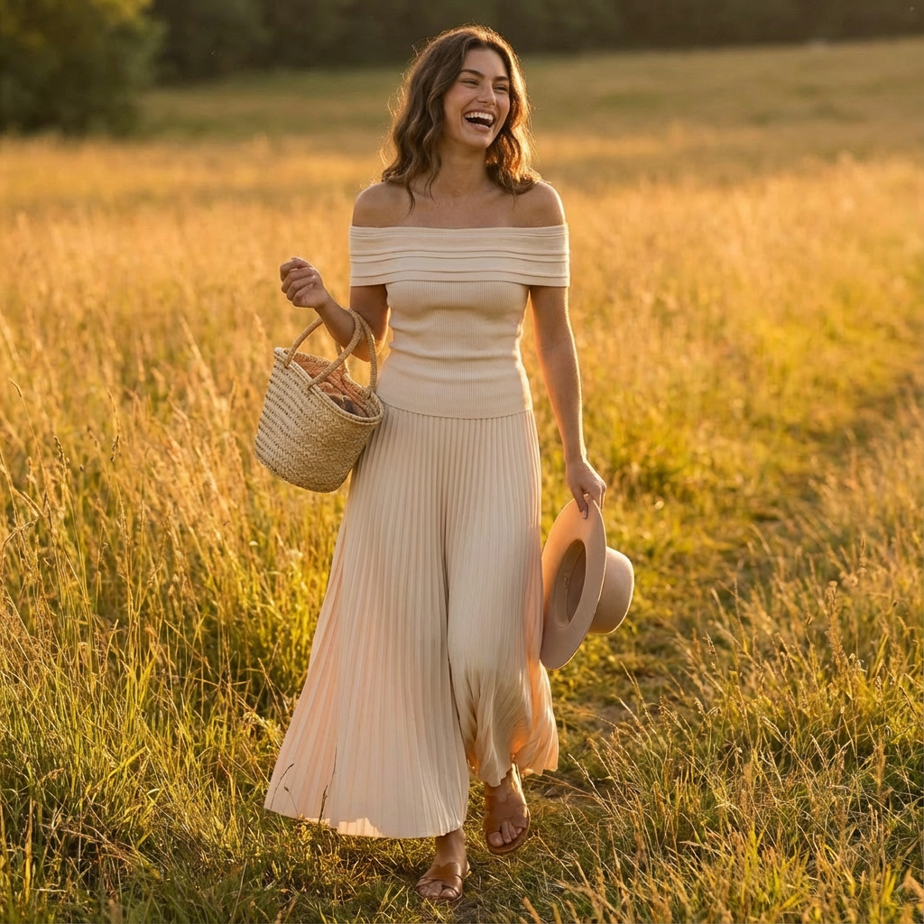 Valeria | Abito lungo da donna con spalle scoperte e gonna plissettata | Elegante