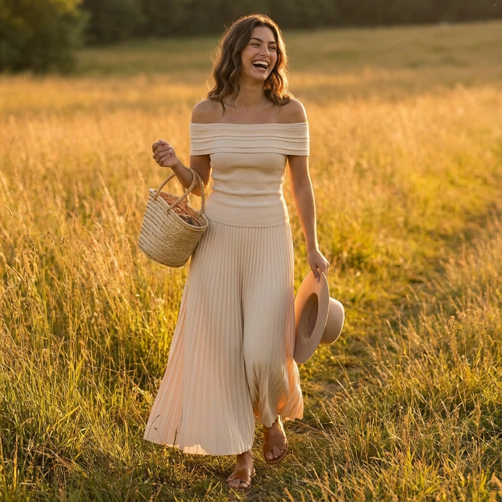 Valeria | Abito lungo da donna con spalle scoperte e gonna plissettata | Elegante