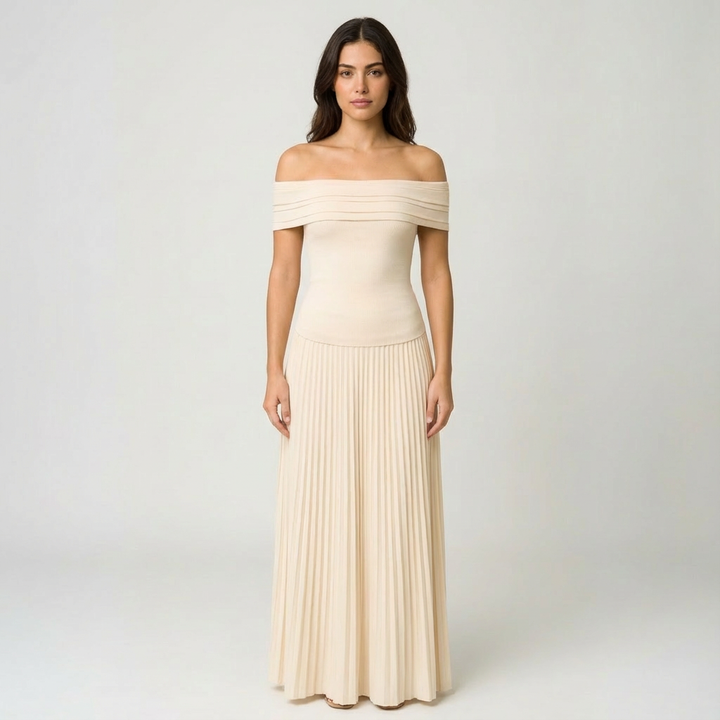 Valeria | Abito lungo da donna con spalle scoperte e gonna plissettata | Elegante