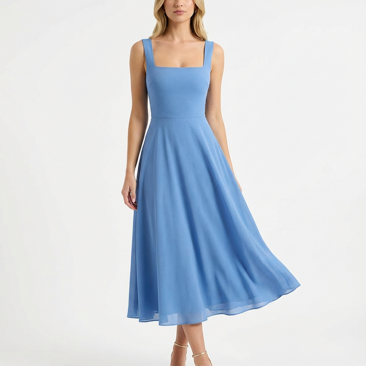 Valeria | Abito Midi Donna con Scollo Quadrato e Gonna Svasata | Romantico