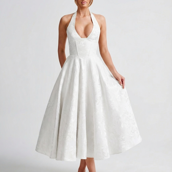 Valeria | Abito Midi Donna con Scollo Halter e Jacquard Floreale | Elegante