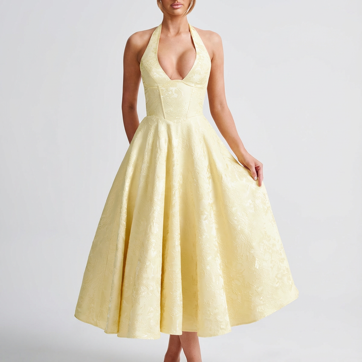 Valeria | Abito Midi Donna con Scollo Halter e Jacquard Floreale | Elegante