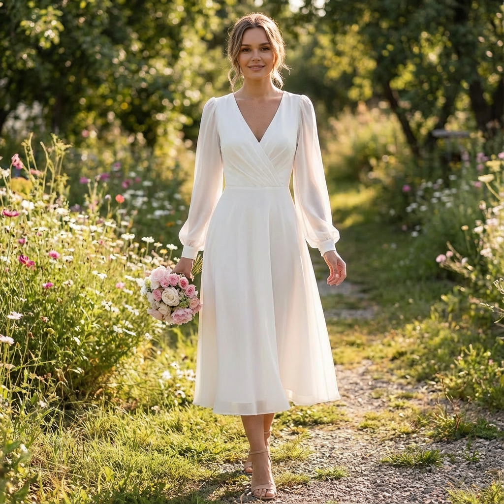 Valeria | Donna Abito Midi Bianco con Maniche Vescovili e Scollo a V | Nuziale