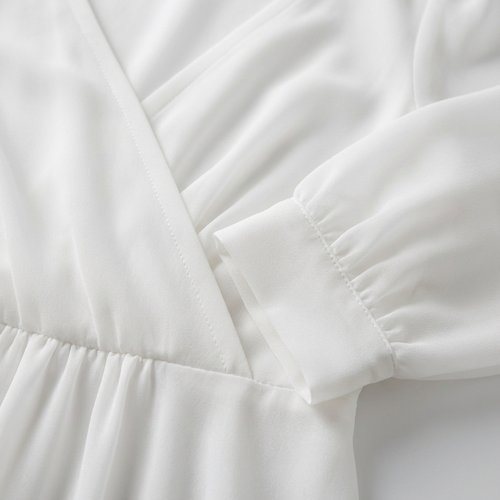 Valeria | Donna Abito Midi Bianco con Maniche Vescovili e Scollo a V | Nuziale