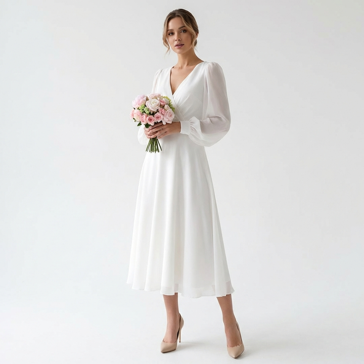 Valeria | Donna Abito Midi Bianco con Maniche Vescovili e Scollo a V | Nuziale