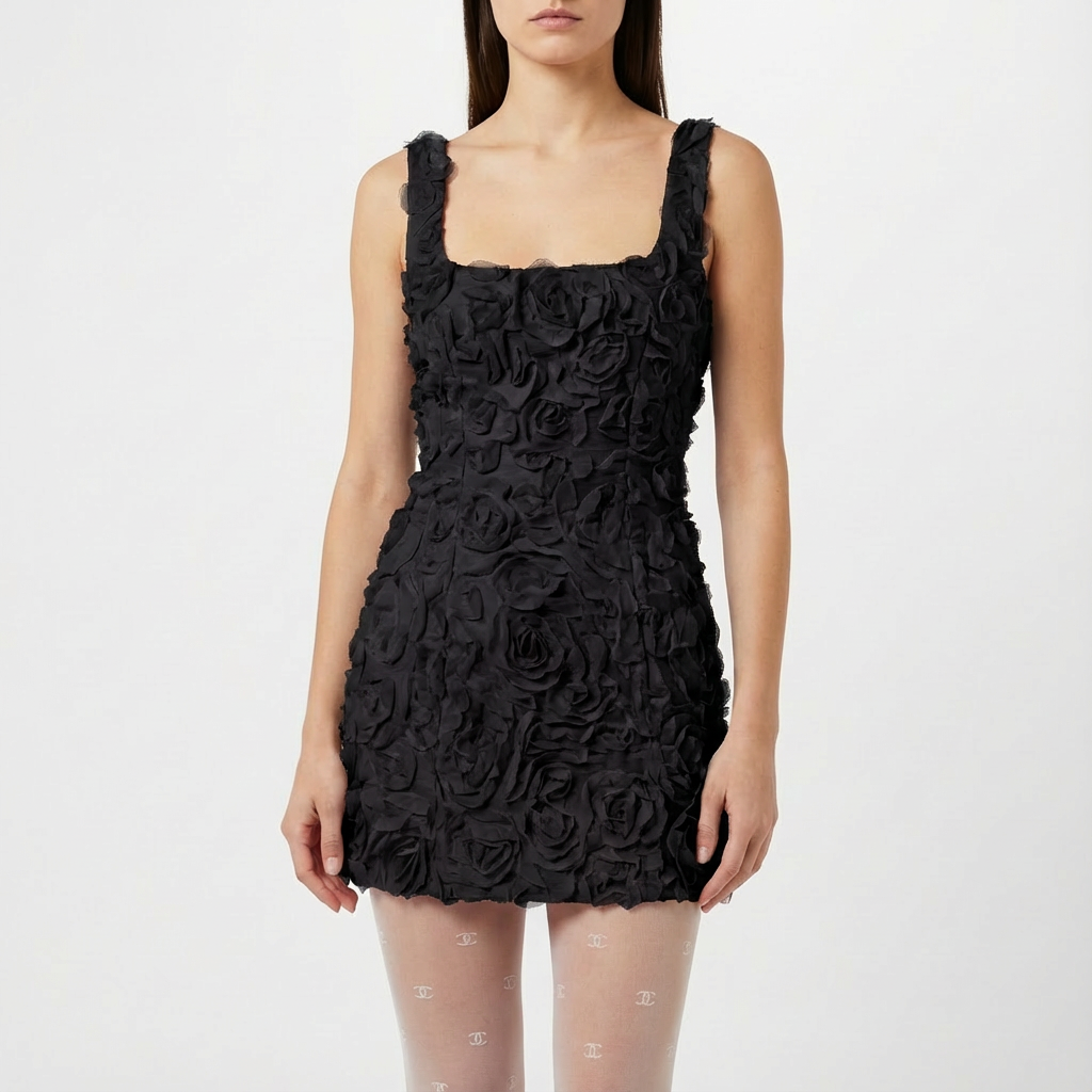 Valeria | Abito corto da donna con applicazioni floreali 3D e scollo quadrato | Sfavillante