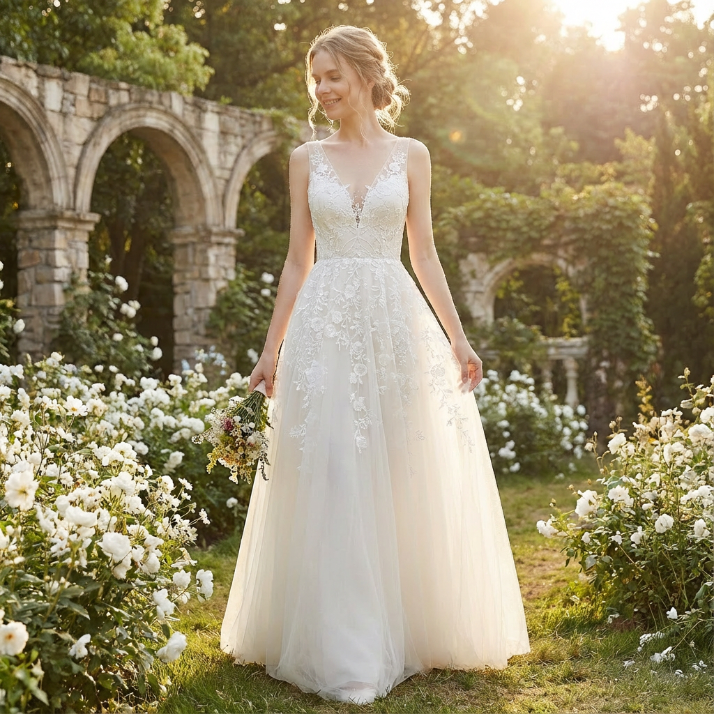 Valeria | Abito da sposa bianco da donna con applicazioni di pizzo floreale e scollo a V | Principessa