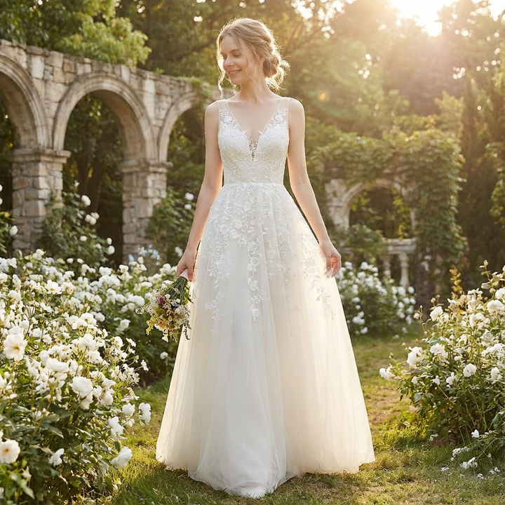 Valeria | Abito da sposa bianco da donna con applicazioni di pizzo floreale e scollo a V | Principessa