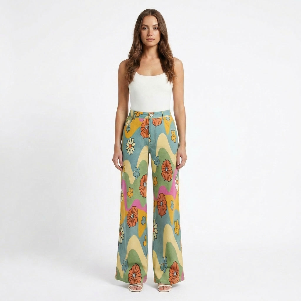 Valeria | Pantaloni Donna con Gamba Larga e Design Stampato | Casual