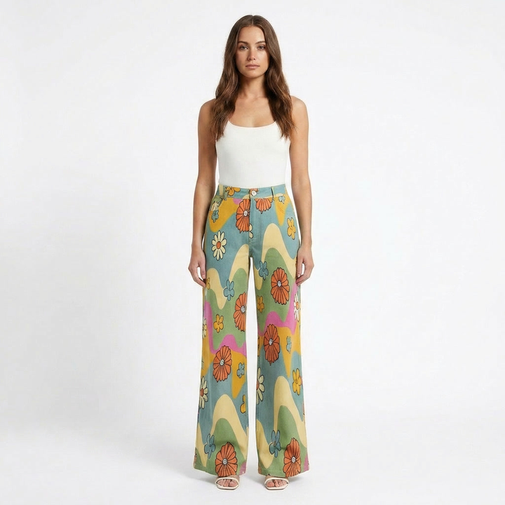 Valeria | Pantaloni Donna con Gamba Larga e Design Stampato | Casual
