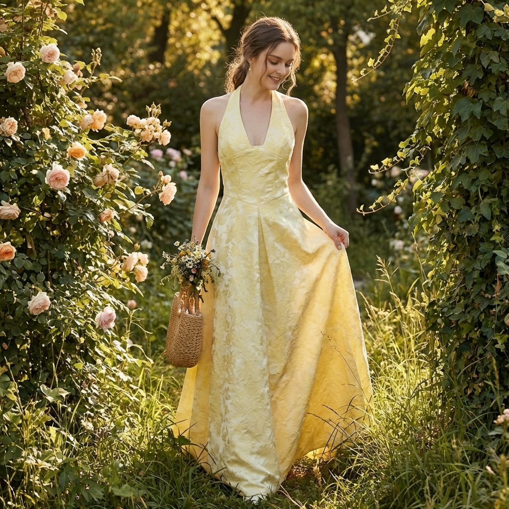 Valeria | Abito Lungo Halter Jacquard Floreale Elegante Donna