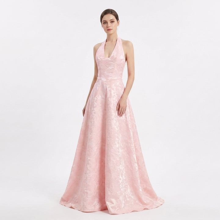 Valeria | Abito Lungo Halter Jacquard Floreale Elegante Donna