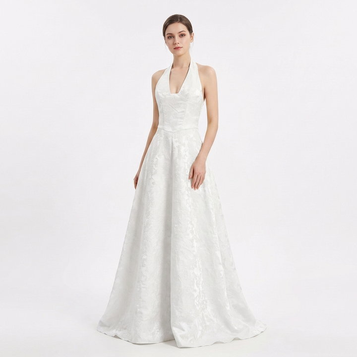 Valeria | Abito Lungo Halter Jacquard Floreale Elegante Donna