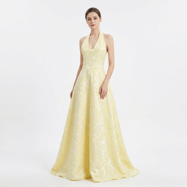 Valeria | Abito Lungo Halter Jacquard Floreale Elegante Donna