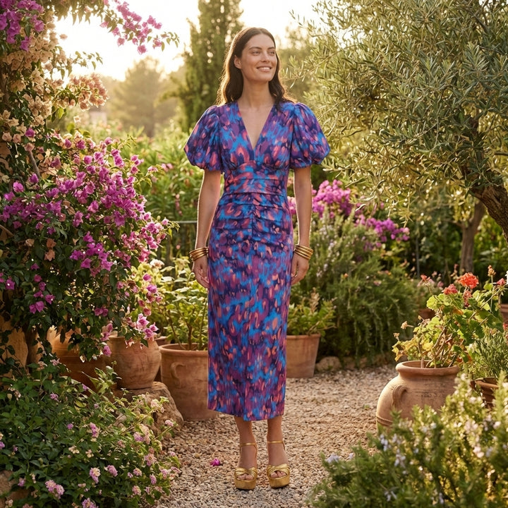 Violeta | Vestito Midi Stampato con Scollo a V e Maniche a Palloncino Donna