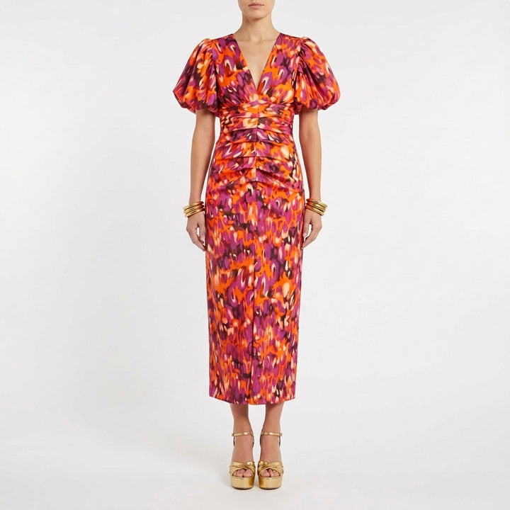 Violeta | Vestito Midi Stampato con Scollo a V e Maniche a Palloncino Donna