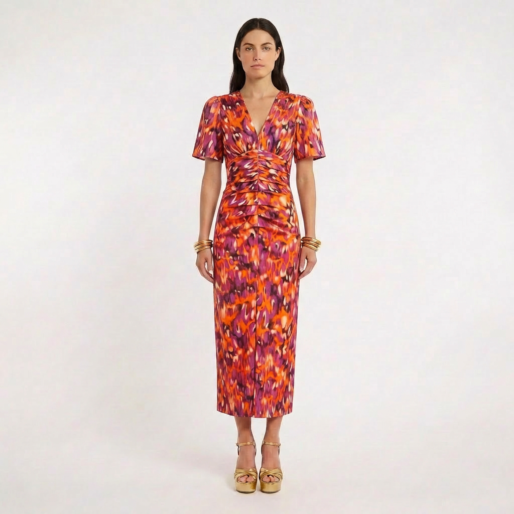 Violeta | Vestido Midi Estampado Escote V Manga Globo Mujer
