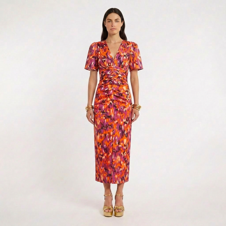Violeta | Vestido Midi Estampado Escote V Manga Globo Mujer