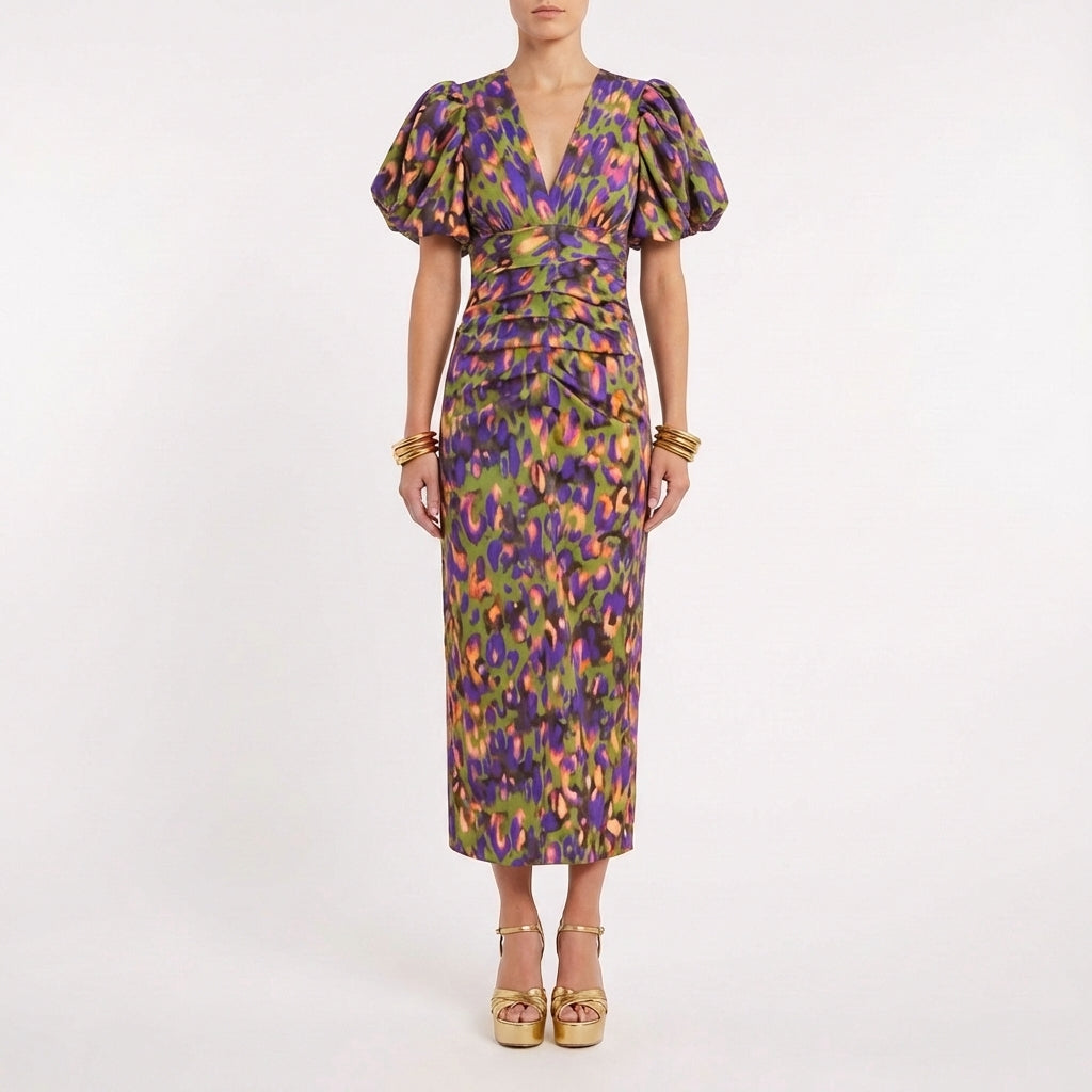 Violeta | Vestito Midi Stampato con Scollo a V e Maniche a Palloncino Donna