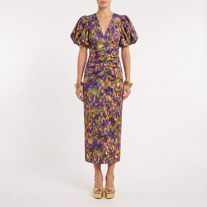 Violeta | Vestito Midi Stampato con Scollo a V e Maniche a Palloncino Donna