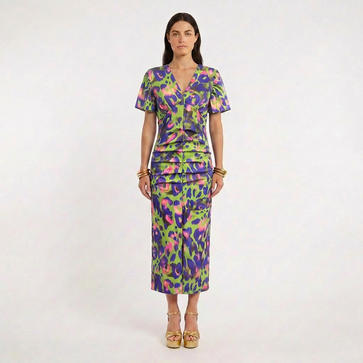 Violeta | Vestido Midi Estampado Escote V Manga Globo Mujer