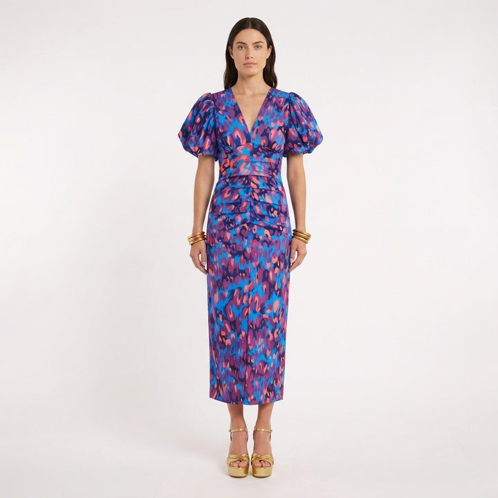 Violeta | Vestito Midi Stampato con Scollo a V e Maniche a Palloncino Donna