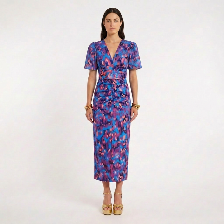 Violeta | Vestido Midi Estampado Escote V Manga Globo Mujer