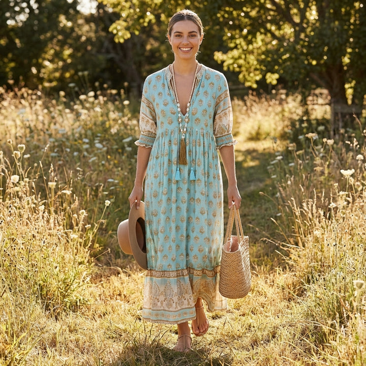 Zahara | Abito lungo stampato con nappine donna boho