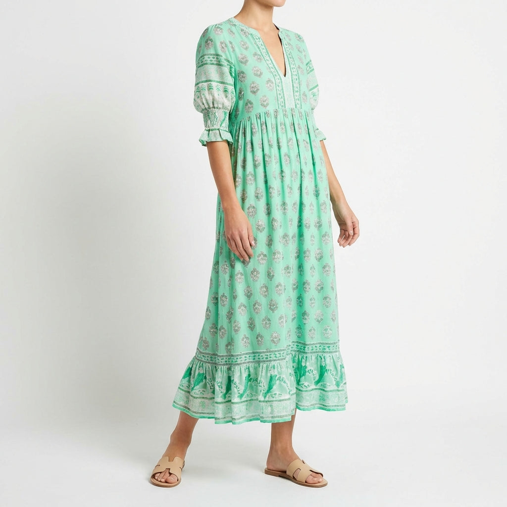 Zahara | Abito lungo stampato con nappine donna boho