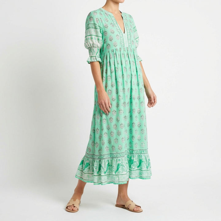 Zahara | Abito lungo stampato con nappine donna boho