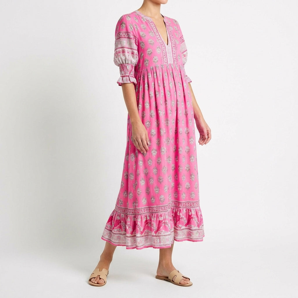 Zahara | Abito lungo stampato con nappine donna boho