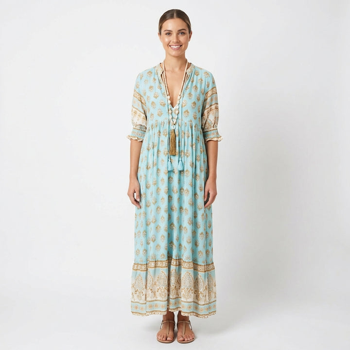 Zahara | Abito lungo stampato con nappine donna boho