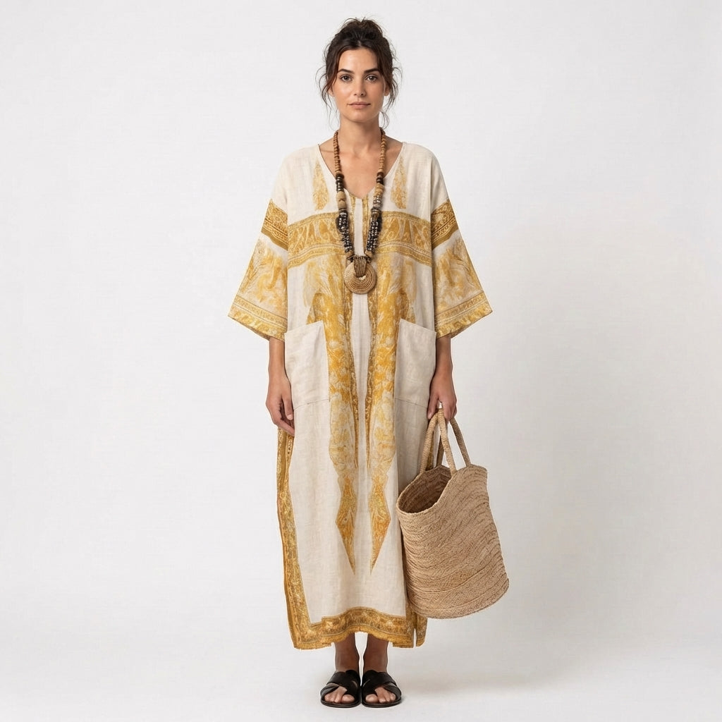 Zahira | Caftano Lungo Stampato Etnico con Tasche Donna