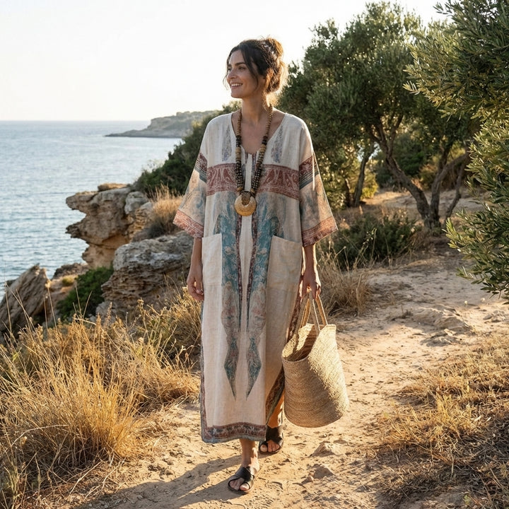 Zahira | Caftano Lungo Stampato Etnico con Tasche Donna