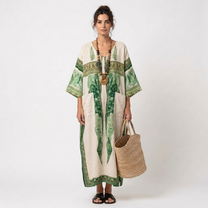 Zahira | Caftano Lungo Stampato Etnico con Tasche Donna
