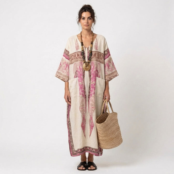 Zahira | Caftano Lungo Stampato Etnico con Tasche Donna