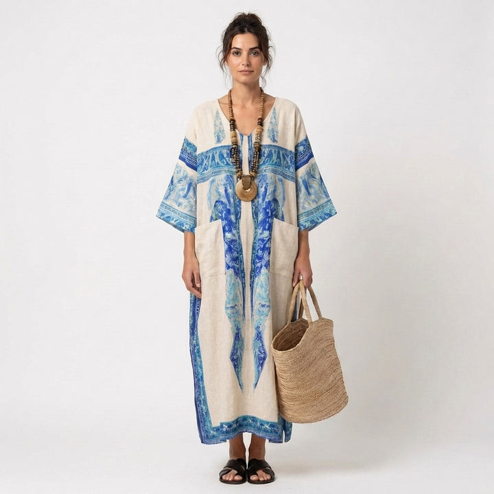 Zahira | Caftano Lungo Stampato Etnico con Tasche Donna