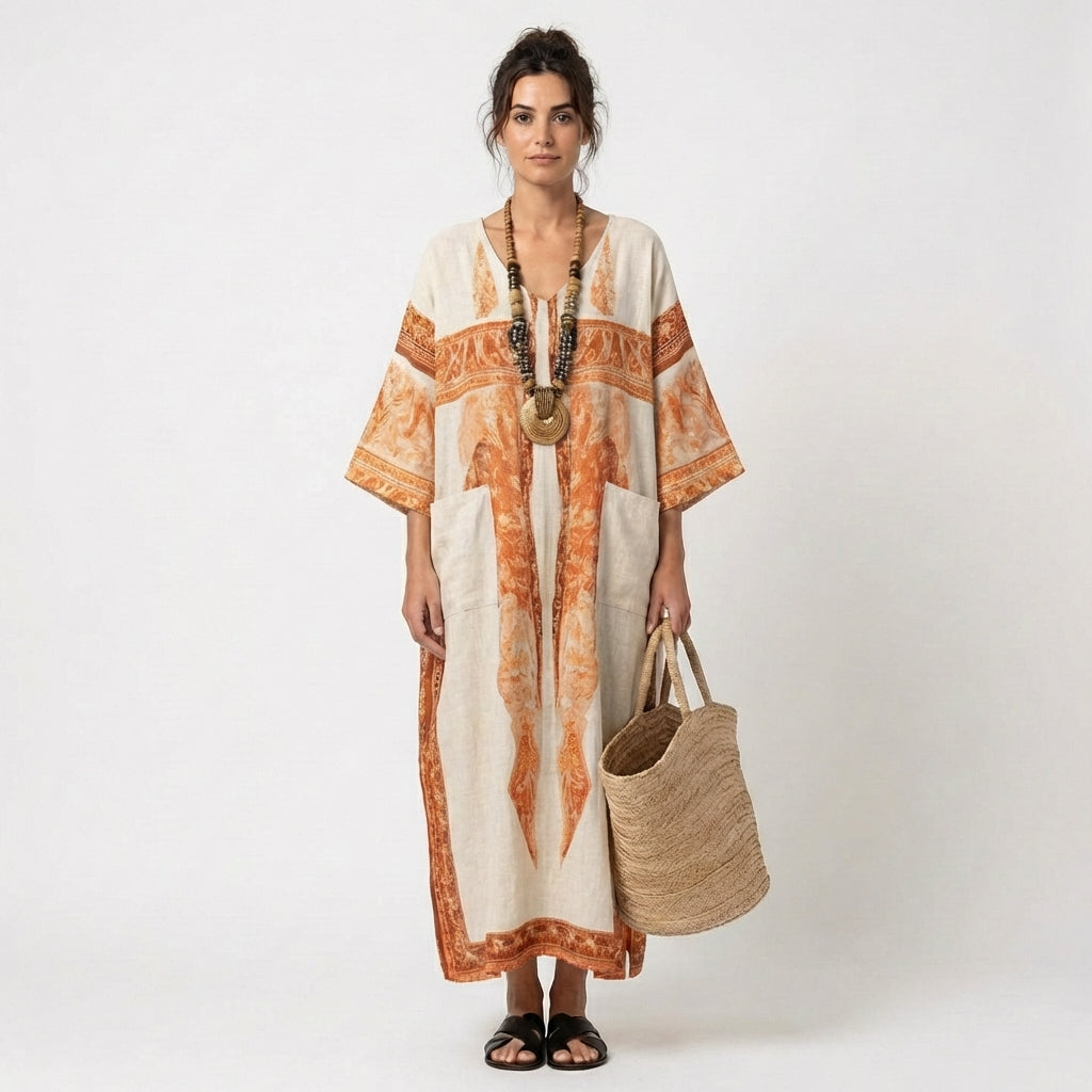 Zahira | Caftano Lungo Stampato Etnico con Tasche Donna