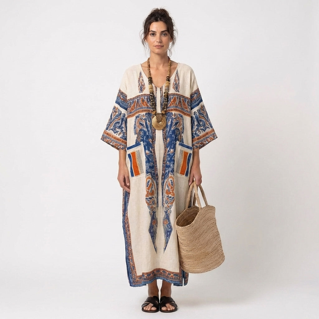 Zahira | Caftano Lungo Stampato Etnico con Tasche Donna