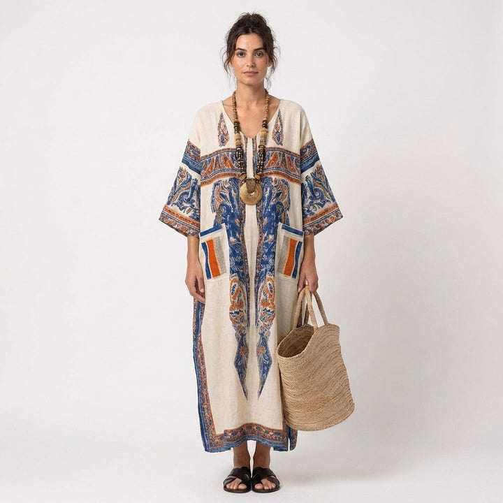 Zahira | Caftano Lungo Stampato Etnico con Tasche Donna