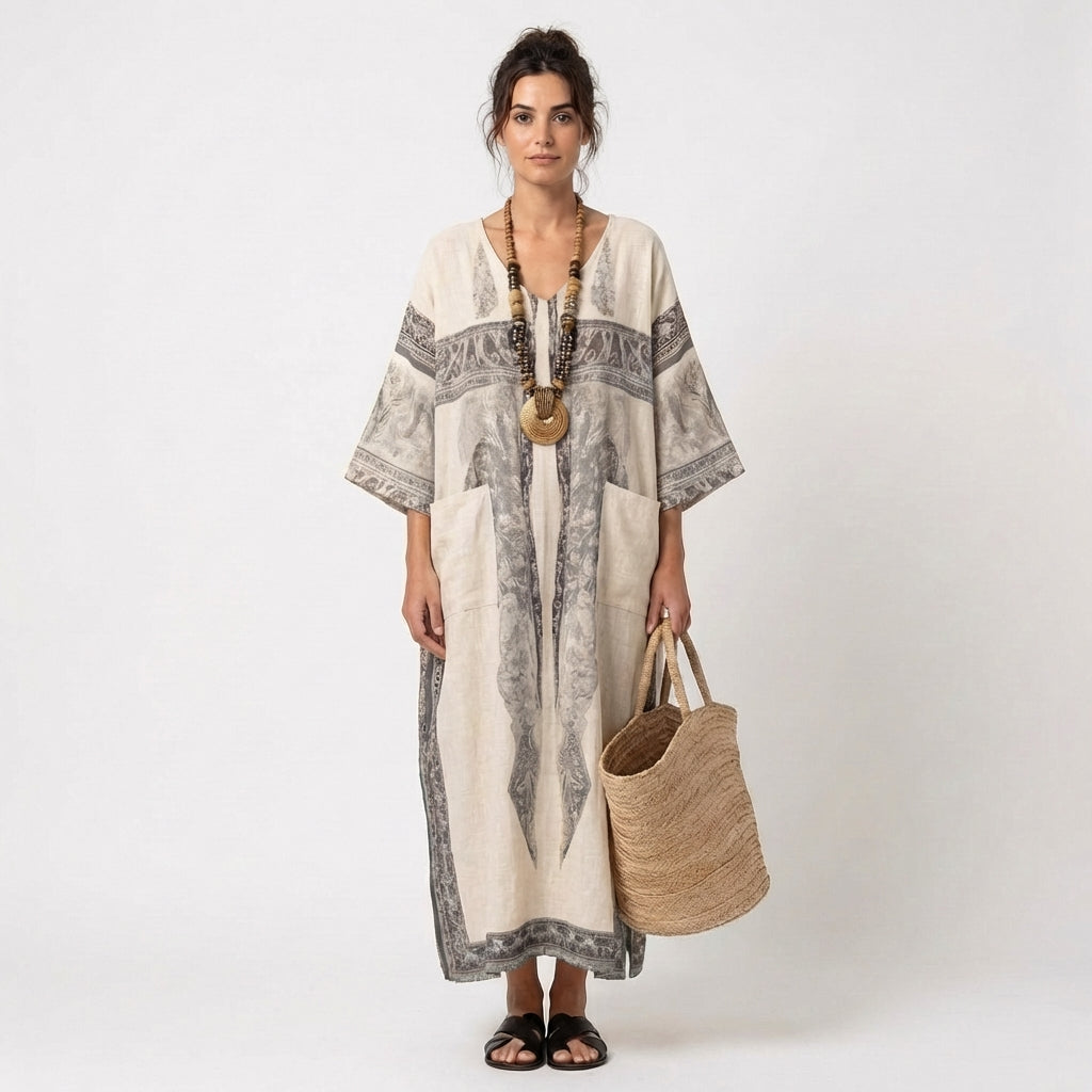 Zahira | Caftano Lungo Stampato Etnico con Tasche Donna