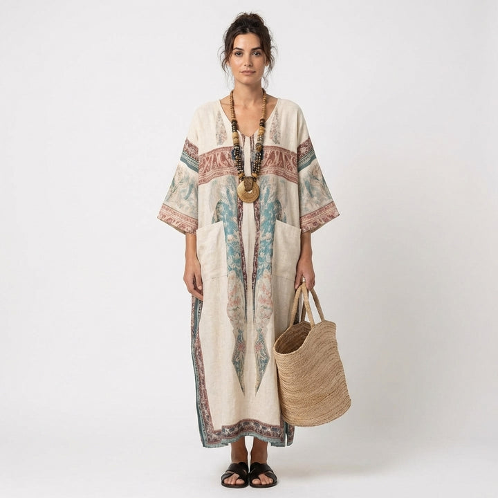 Zahira | Caftano Lungo Stampato Etnico con Tasche Donna